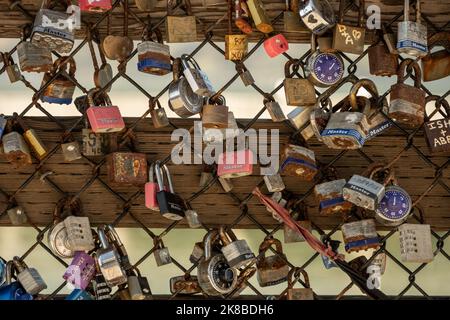San Francisco, United States: February 16, 2022: Love Locks On Chain Link Fence Stock Photo