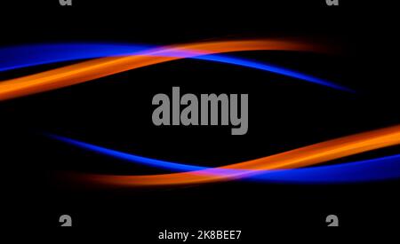 Abstract technology banner design. Digital neon orange and blue lines on black background. Stock Photo