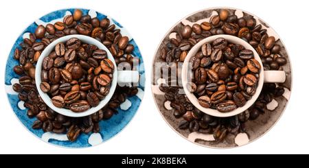 Close-up of two cups full of roasted coffee beans isolated on white background, photography, top view. Stock Photo