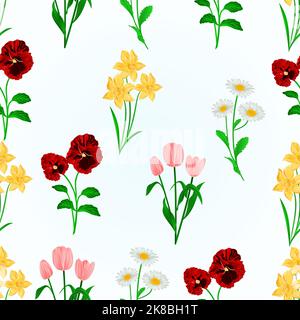Seamless texture spring flowers Daffodils ,Pansies,Tulips and daisies vintage vector botanical illustration hand draw editable Stock Vector