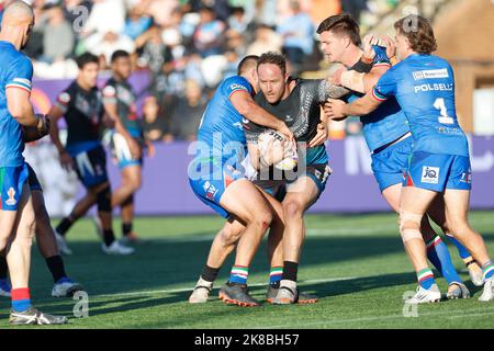 Newcastle, UK. 10th Sep, 2022. Korbin Sims of Fiji is held up during The 2021 Rugby League World Cup match between Fiji and Italy at Kingston Park, Newcastle on Saturday 22nd October 2022. (Credit: Chris Lishman | MI News) Credit: MI News & Sport /Alamy Live News Stock Photo