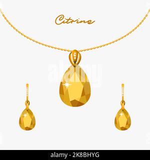Illustration set of gold jewelry pendant on a chain and earrings with citrines Stock Vector