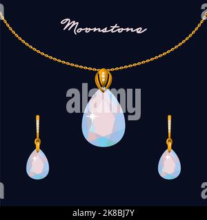 Illustration set of gold jewelry pendant on a chain and earrings with moonstones Stock Vector