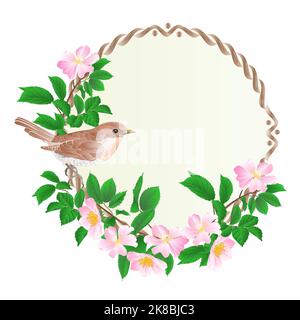 Floral round  frame with wild Roses  and cute small singing bird vintage  festive  background vector illustration editable hand draw Stock Vector
