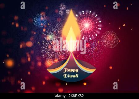 Happy Diwali. Traditional Indian Festival Background with Burning Lamps and Fireworks. Stock Photo