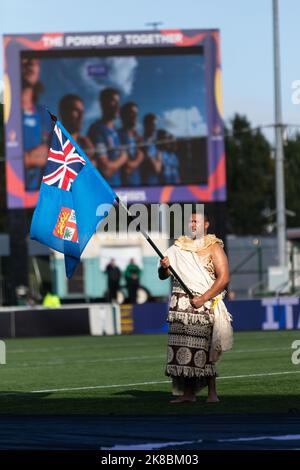 Newcastle, UK. 10th Sep, 2022. The Fijian flag-bearer stands before The 2021 Rugby League World Cup match between Fiji and Italy at Kingston Park, Newcastle on Saturday 22nd October 2022. (Credit: Chris Lishman | MI News) Credit: MI News & Sport /Alamy Live News Stock Photo