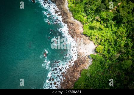 Panama.Tropical Island Aerial View. Wild coastline lush exotic green jungle. Red Frog Beach in Bastimentos Island, Bocas del Toro, Central America. Stock Photo