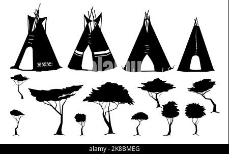 Set of Silhouettes Indians wigwam hut made of felt and skins with trees.. North American tribal dwelling. Traditional home of nomadic peoples. Isolate Stock Vector