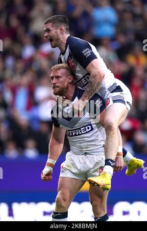 Luke Thompson of England celebrates his try during the Rugby League ...