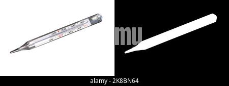 Analog clinical thermometer, mercury free, in degrees centigrade indicating a temperature of 38.5 degrees centigrade. Fever or illness concept. Isolat Stock Photo