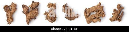 set of sun dried ginger rhizomes, flavoring and herbal ingredient with strong health benefits isolated on white background, collection Stock Photo