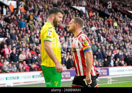 Sheffield, UK. 22nd Oct, 2022. Grant Hanley #5 of Norwich City and Billy Sharp #10 of Sheffield United react during the Sky Bet Championship match Sheffield United vs Norwich City at Bramall Lane, Sheffield, United Kingdom, 22nd October 2022 (Photo by Steve Flynn/News Images) in Sheffield, United Kingdom on 10/22/2022. (Photo by Steve Flynn/News Images/Sipa USA) Credit: Sipa USA/Alamy Live News Stock Photo