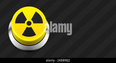 Yellow button with radiation sign on a grunge black industrial background. Hazarad alert button vector illustration. Stock Vector