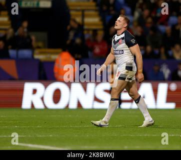 England's Tom Burgess leaves the field after being sent to the sin bin during the Rugby League World Cup group A match at the University of Bolton Stadium, Bolton. Picture date: Saturday October 22, 2022. Stock Photo