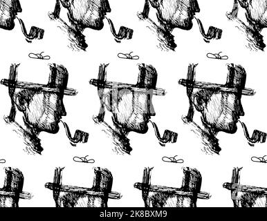 Detective with pipe sketch, vector seamless pattern Stock Vector