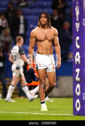 England's Dom Young after the final whistle of the Rugby League World Cup group A match at the University of Bolton Stadium, Bolton. Picture date: Saturday October 22, 2022. Stock Photo