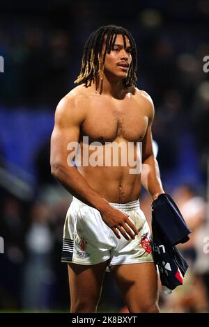 England's Dom Young after the final whistle of the Rugby League World Cup group A match at the University of Bolton Stadium, Bolton. Picture date: Saturday October 22, 2022. Stock Photo