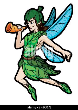 Magical female fairy wearing a dress made out of green leaves and holding a horn, while flying with its tiny wings. Stock Vector