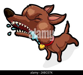 Little mad dog barking with furious gesture and showing its teeth, also wearing a red collar with heart medal. Stock Vector