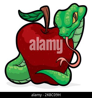 Green snake tempting you with a red apple like the biblical story. Stock Vector