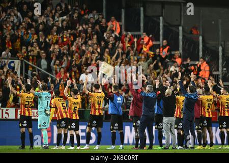 Mechelen's players celebrate after winning a soccer match between KV Mechelen and KAS Eupen, Saturday 22 October 2022 in Mechelen, on day 14 of the 2022-2023 'Jupiler Pro League' first division of the Belgian championship. BELGA PHOTO DAVID STOCKMAN Stock Photo