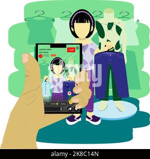 Live commerce on smartphone,shopkeeper sell her clothes through live streaming Stock Vector