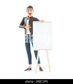 3d cartoon man pointing to wooden easel with blank canvas, isolated on white background Stock Photo