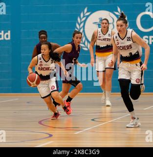 Cardiff, Wales, 22, October, 2022, Lauren Saiki (Archers) (L) drives up court during Women's British Basketball League match Credit:, Graham Glendinning,/ Alamy Live News Final Score: 89 - 72 Credit: Graham Glendinning / GlennSports/Alamy Live News Stock Photo