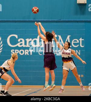 Cardiff, Wales, 22, October, 2022,Elle Hendershot (Durham) shoots for basket  during Women's British Basketball League match Credit:, Graham Glendinning,/ Alamy Live News Final Score: 89 - 72 Credit: Graham Glendinning / GlennSports/Alamy Live News Stock Photo