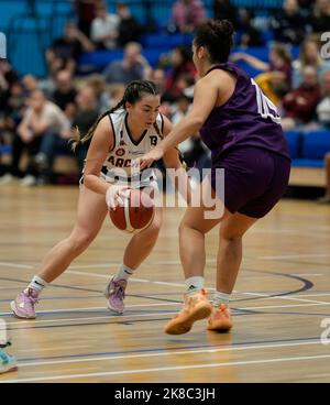 Cardiff, Wales, 22, October, 2022, Kim Kheing (Archers) (L) on the attack  during Women's British Basketball League match Credit:, Graham Glendinning,/ Alamy Live News Final Score: 89 - 72 Credit: Graham Glendinning / GlennSports/Alamy Live News Stock Photo