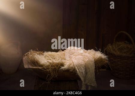 Nativity - Waiting Birth Of Jesus Christ With Manger In Cave With Holy ...