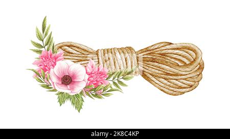 Watercolor Flowers in rope. Cowboy ropeand flowers. Farmhouse rustic ...