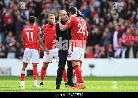 Nottingham, UK. 22nd October 2022Steve Cooper, Nottingham Forest head coach celebrates victory with Scott McKenna of Nottingham Forest during the Premier League match between Nottingham Forest and Liverpool at the City Ground, Nottingham on Saturday 22nd October 2022. (Credit: Jon Hobley | MI News) Credit: MI News & Sport /Alamy Live News Stock Photo