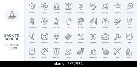 Education thin line icons set vector illustration. Abstract outline pictogram collection to study science in school and university, physics and chemistry lessons, champion award for students and books Stock Vector