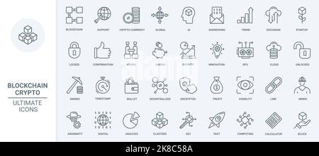 Cryptocurrency, blockchain thin line icons set vector illustration. Outline global digital crypto money trends, profit on fintech exchange analysis and bitcoin data mining, startup launch rocket Stock Vector