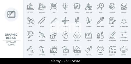 Graphic design thin line icons set vector illustration. Outline software and tools to visualize designers portfolio and creative ideas and projects, ruler and magic brush, scissors crop size and pen Stock Vector