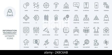 Data technology, information thin line icons set vector illustration. Outline digital protection and online network, 3d printing and modeling, smart home and interface symbols for mobile apps Stock Vector