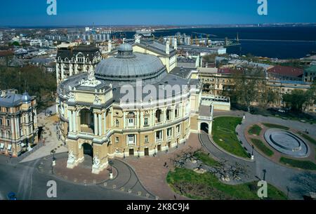 Air panorama of National Opera and Ballet Theatre in Odessa Ukraine with city and port as background Stock Photo