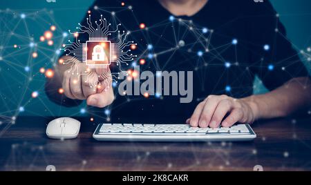 Cyber Protection Data Security Internet Privacy, Internet and technology concept on virtual screen. Man touching on lock icon. Stock Photo