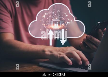 Businessman using computer with Big data analytics and business intelligence Cloud computing management concept with chart and graph icons on a digita Stock Photo