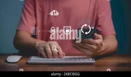 Hand typing on keyboard, searching online internet, cloud computing network technology concept. Stock Photo