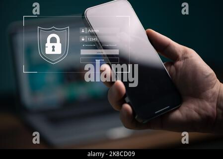 Man hand's holding mobile phone, smartphone with password protection, cyber security concept, copy space. Stock Photo