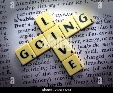 Software projects, Go-Live at the right time - Going Live spelt out in Monopoly Letters on dictionary definition Stock Photo