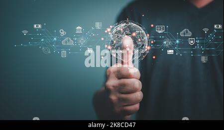 Digital transaction technology, Businessman using fingerprint identification to access personal business and finance data, Biometric s security, innov Stock Photo