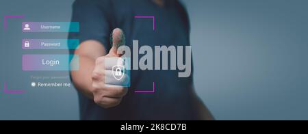 Futuristic digital processing of biometric identification fingerprint scanner. concept of surveillance and security scanning of digital programs cyber Stock Photo