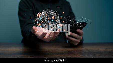 Future Global Communication Network Technology concept, Man hand holding Globe and Smartphone , enjoy, satisfaction to communicate with internet netwo Stock Photo