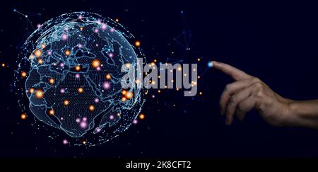 Connection technologies background, Human finger touching on global network linking technology. Stock Photo