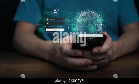 Man hand's holding mobile phone, smartphone with password protection, Global networking, binary code, cyber security concept, copy space. Stock Photo