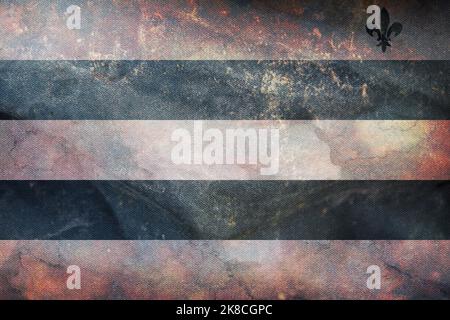 Top view of retro flag Meerhout, Belgium with grunge texture. Belgian travel and patriot concept. no flagpole. Plane layout, design. Flag background Stock Photo