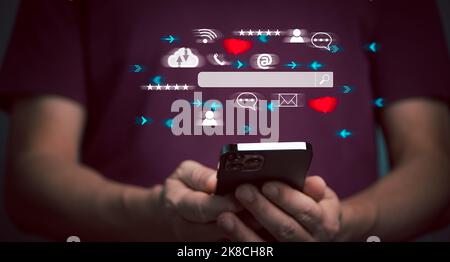 Search engine optimization, SEO, Searching Browsing Internet Data Information Networking Concept, Businessman use smartphone, cloud interface, chat, e Stock Photo